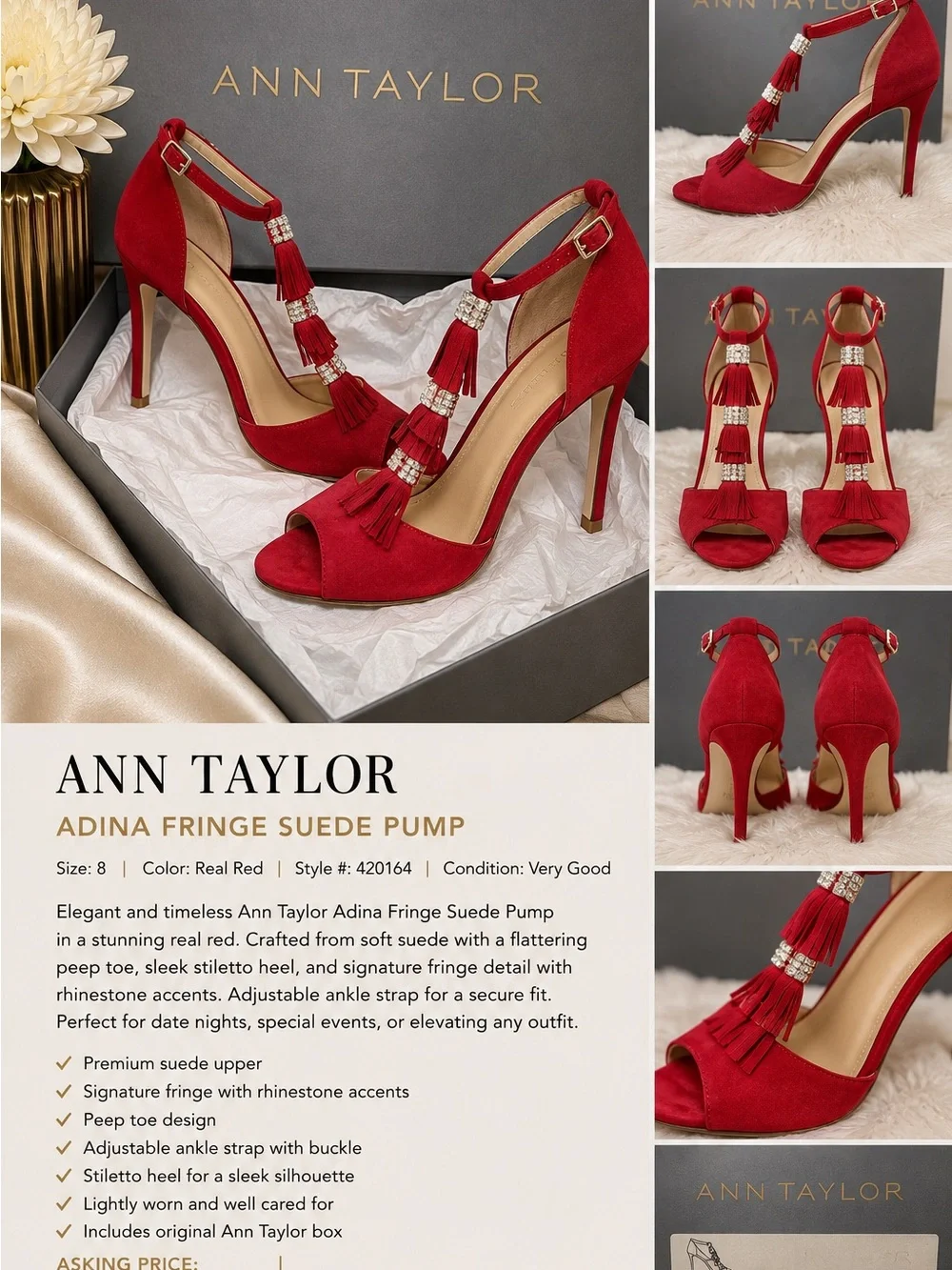 Ann Taylor Red Suede Adina Fringe T-Strap Pumps